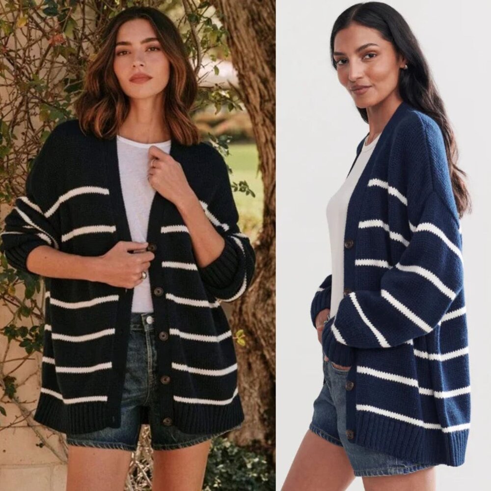 Jenni Kayne Chloe Cardigan Navy Ivory Striped Cotton Button Front‎ Size M - Picture 9 of 11